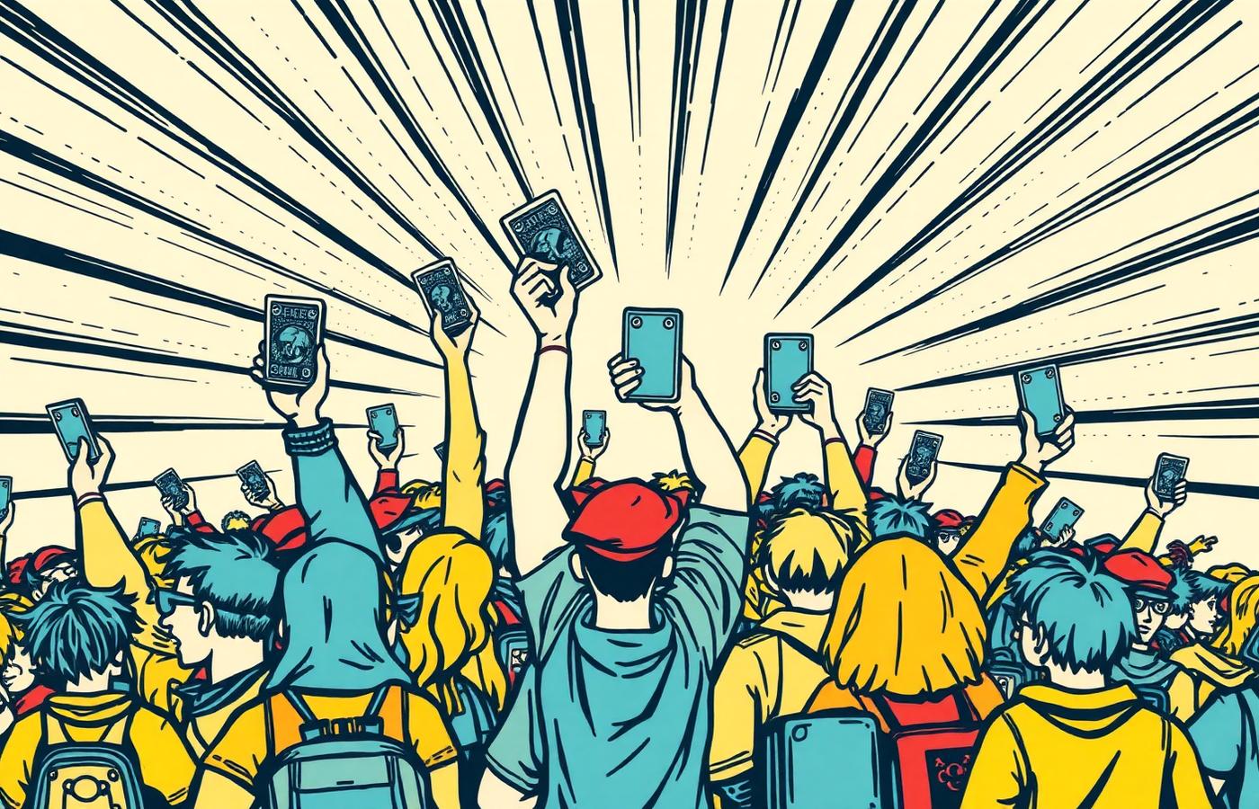 Illustrated crowd of collectors and cosplayers holding up cards and comics